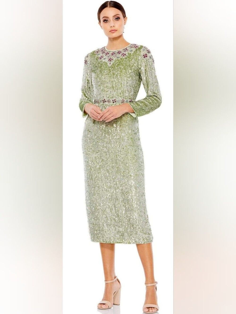 Mac Duggal 93568 Long Sleeve Floral Sequined Midi Dress NWT Size 12 Sage Green